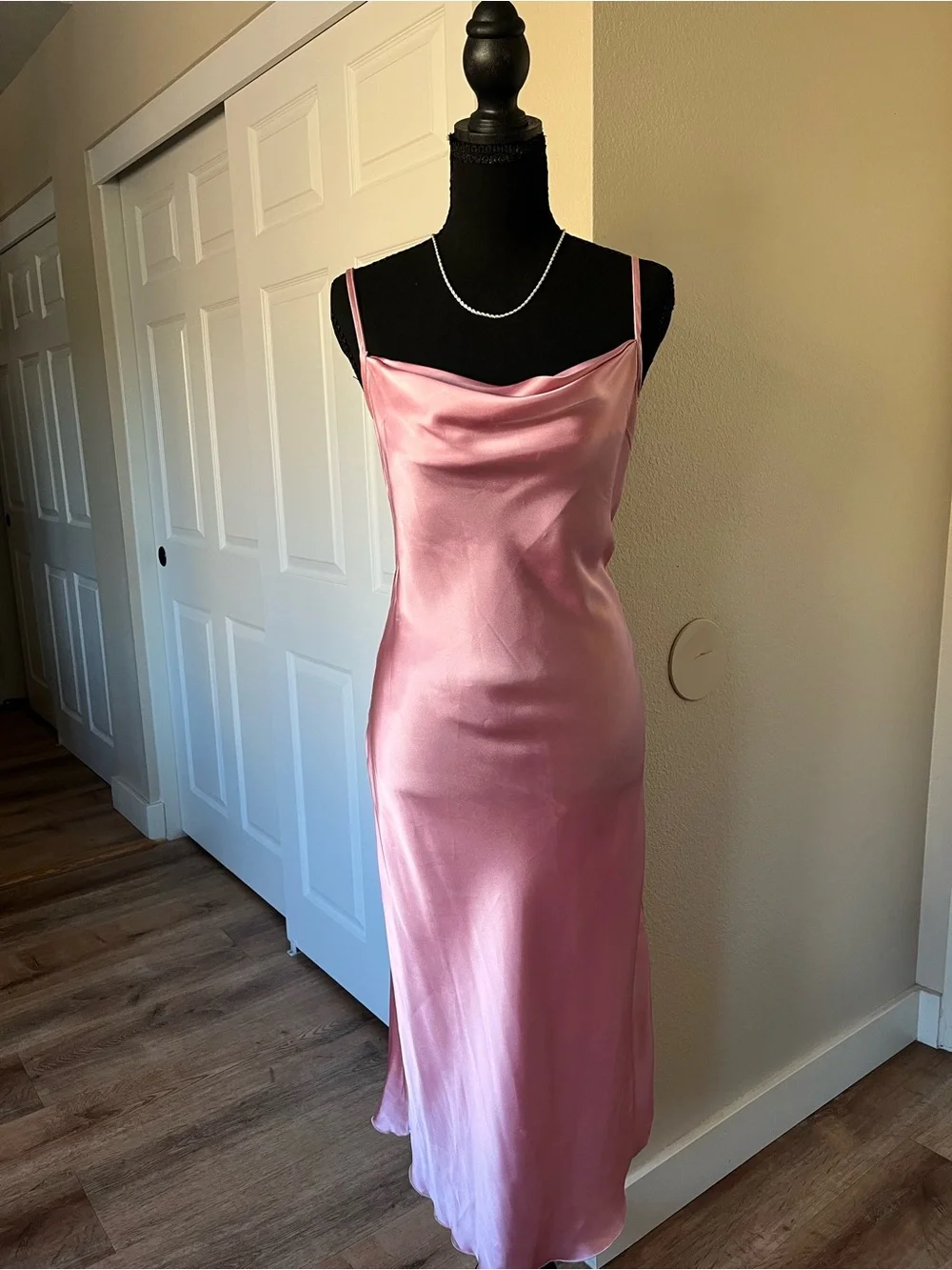 Bebe Pink Satin Cowl Neck Slip Midi Dress Small